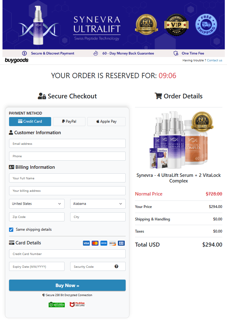 Synevra UltraLift Secure Checkout Page